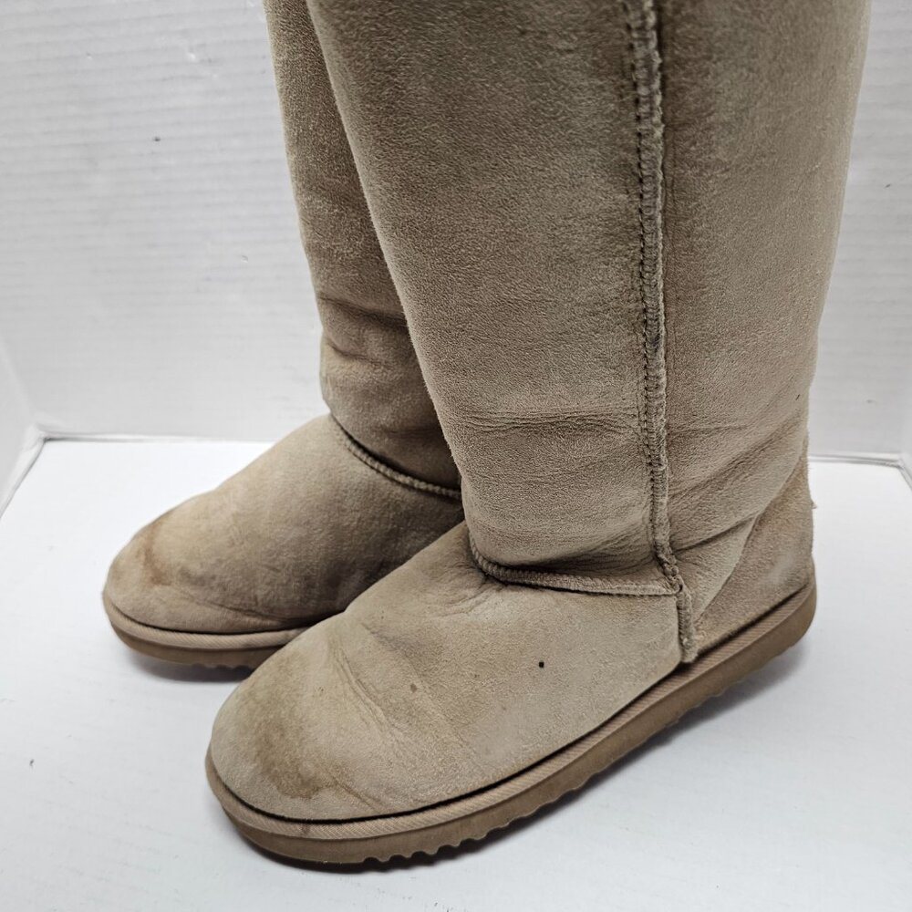 Classic Tall UGG Boots Women Men 5815 Leather Lined Sheepskin Beige Sand Tan W 9